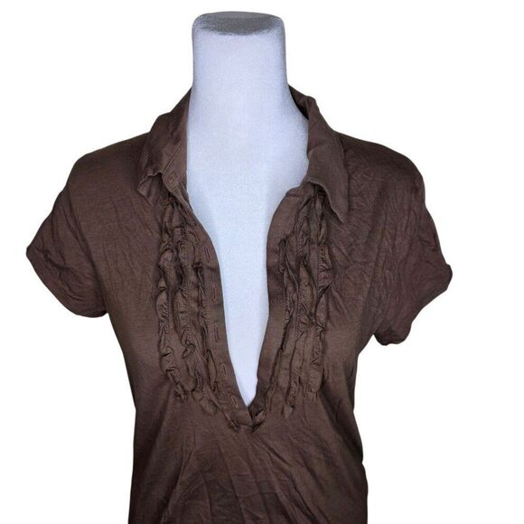 Talbots Cap Sleeve VNeck Ruffle Detail Slim Fit Top Womens Size M Brown - Picture 1 of 9